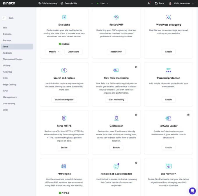 Kinsta 사이트 도구