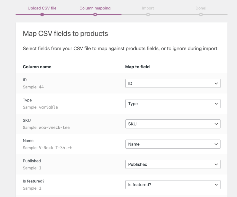 การแมปคอลัมน์ผลิตภัณฑ์ WooCommerce