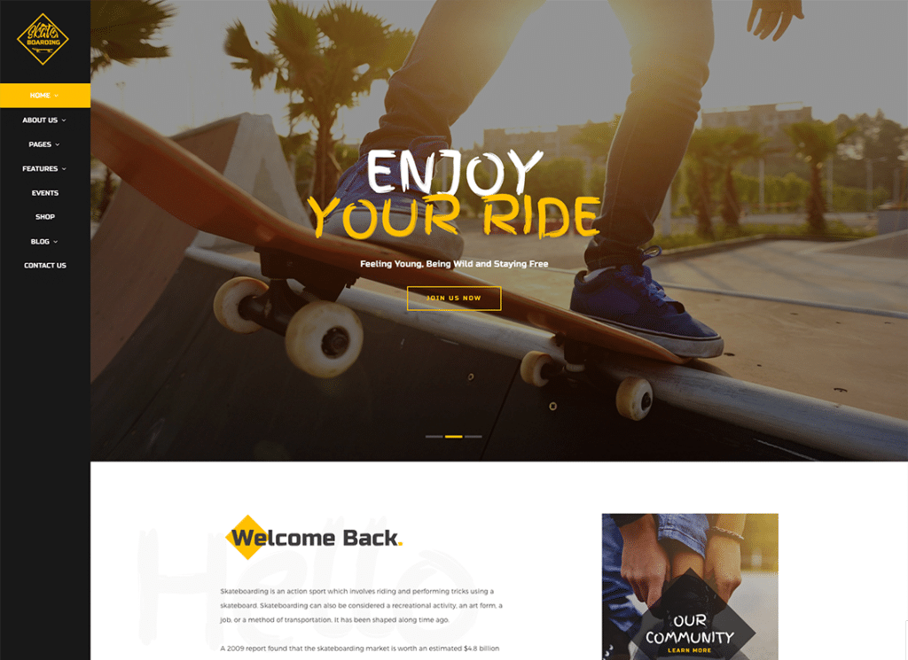 Tema WordPress per la community e il negozio di skateboard