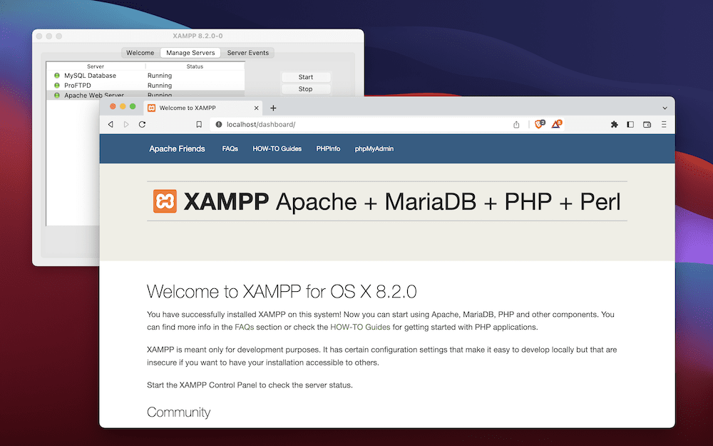 XAMPP panosunu bir web tarayıcısında çalıştırma.