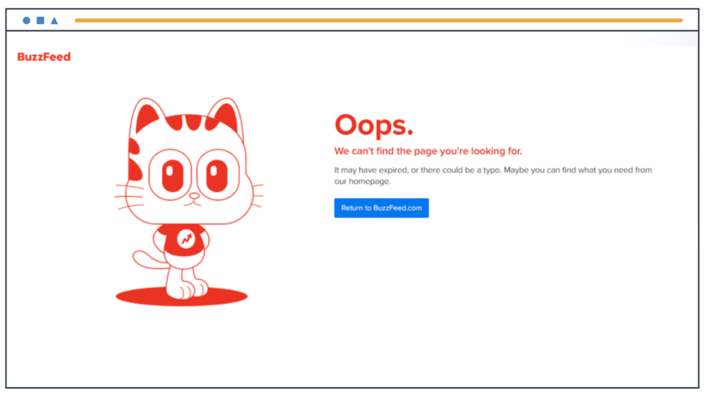 Página de error 404 de BuzzFeed con los colores de la marca blanco y rojo