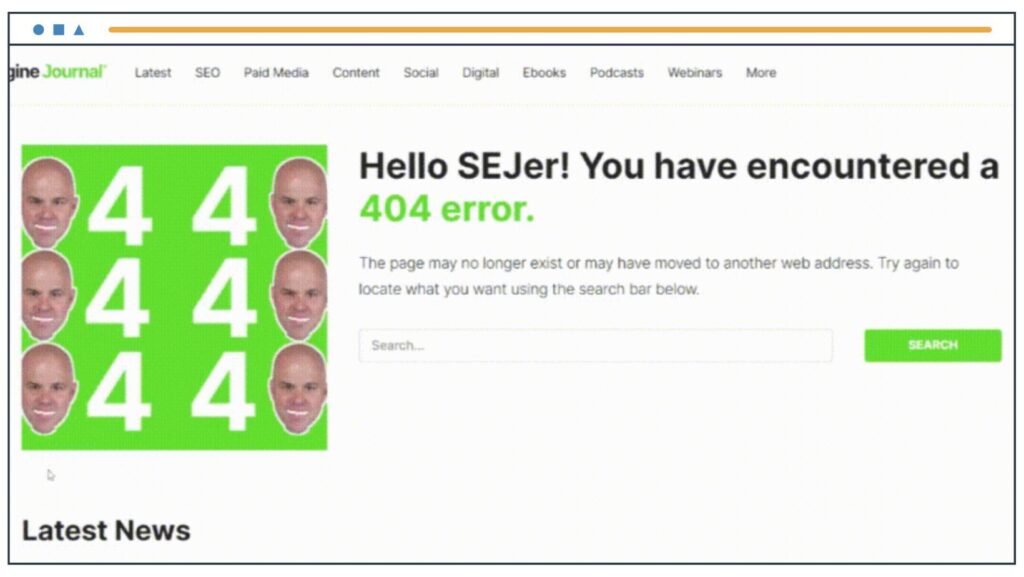 Die 404-Fehlerseite des Search Engine Journal mit leuchtendem Grün