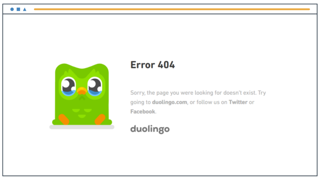 หน้าแสดงข้อผิดพลาด 404 ของ Duolingo พร้อมนกฮูกสีเขียว