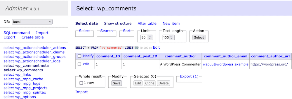 O bază de date WordPress care arată tabelul de comentarii.