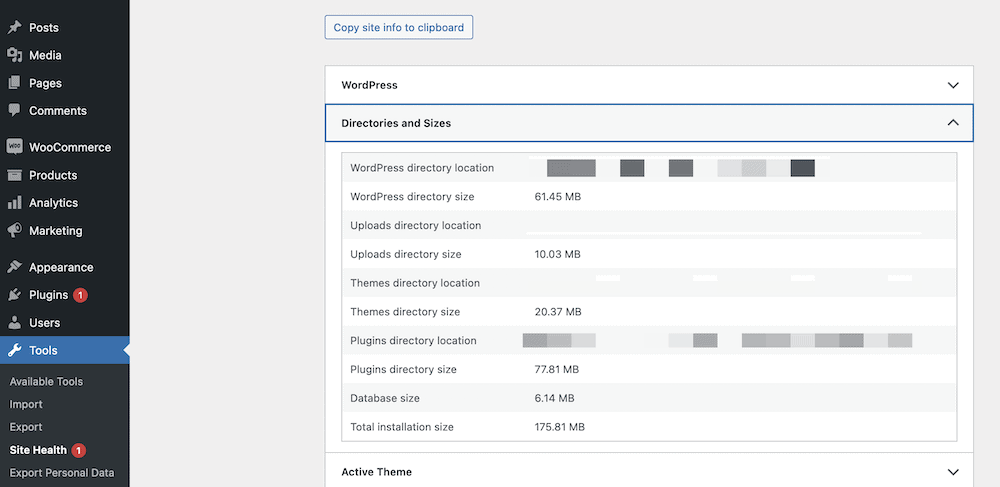 WordPress 站點健康屏幕。