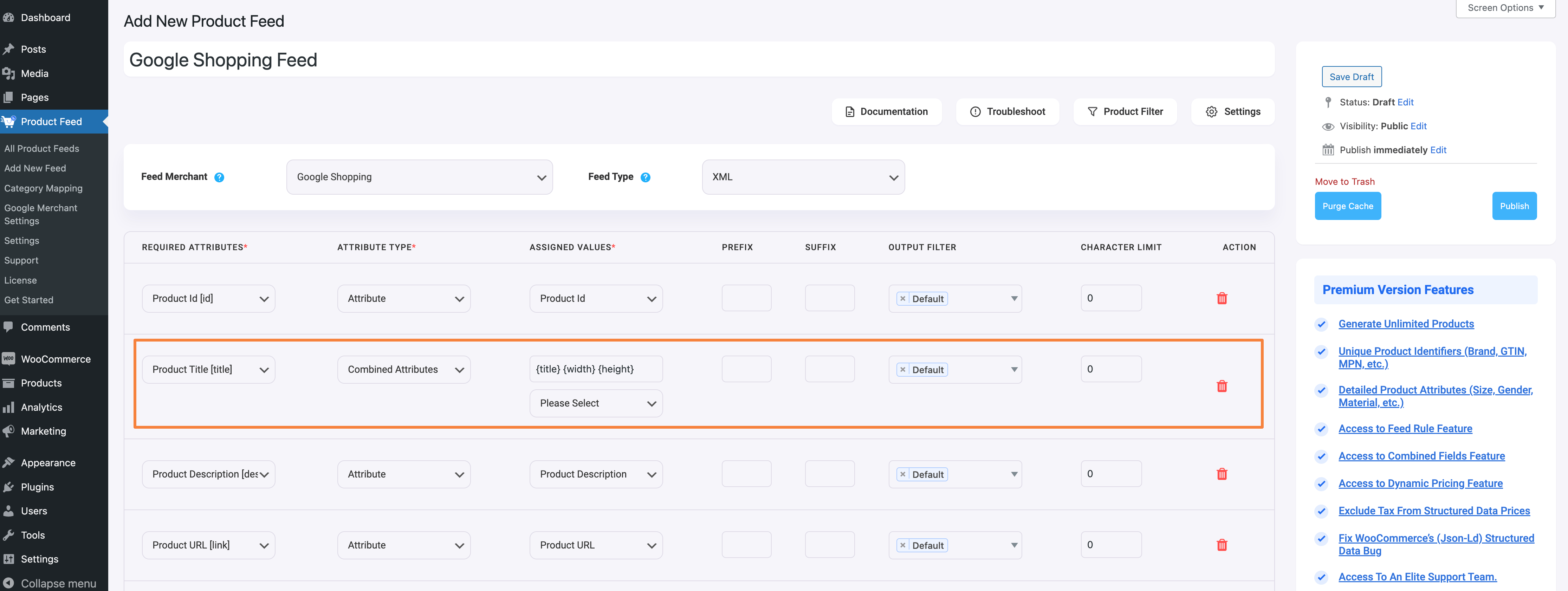 Valores de atributo combinados do gerente de feed de produto (título do produto)