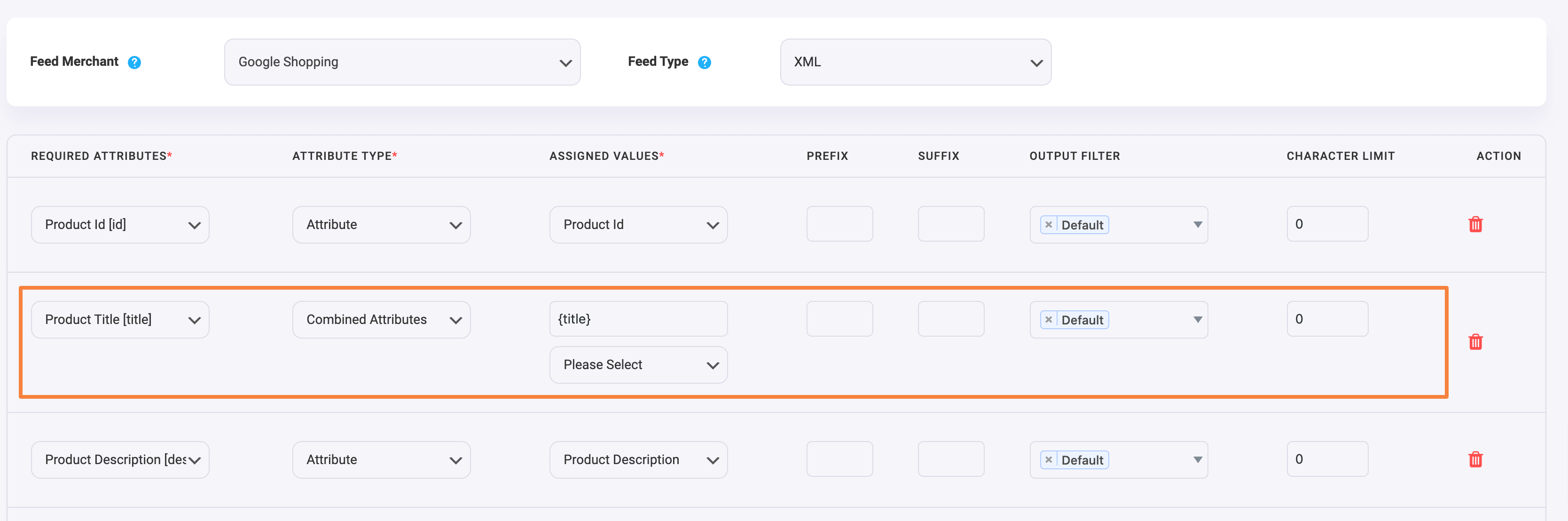 Opção de atributo de título do produto do gerente de feed de produto (título do produto)