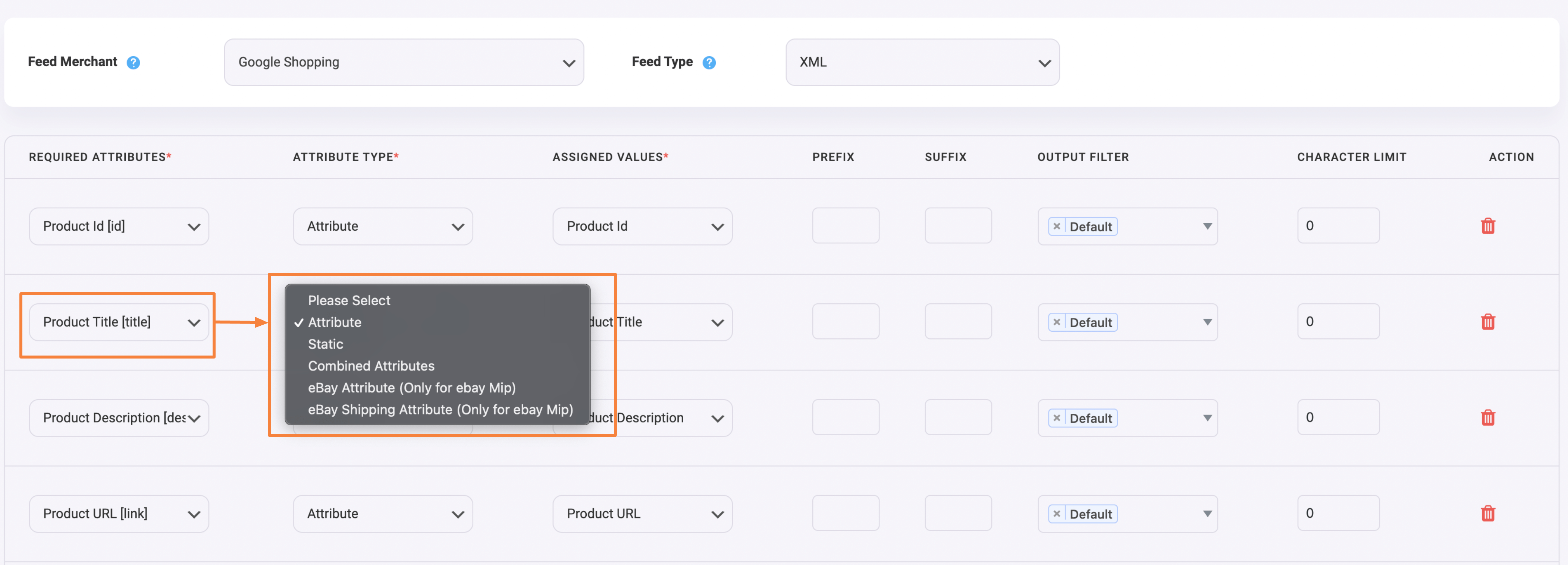 產品 Feed Manager 屬性類型下拉列表（產品標題）