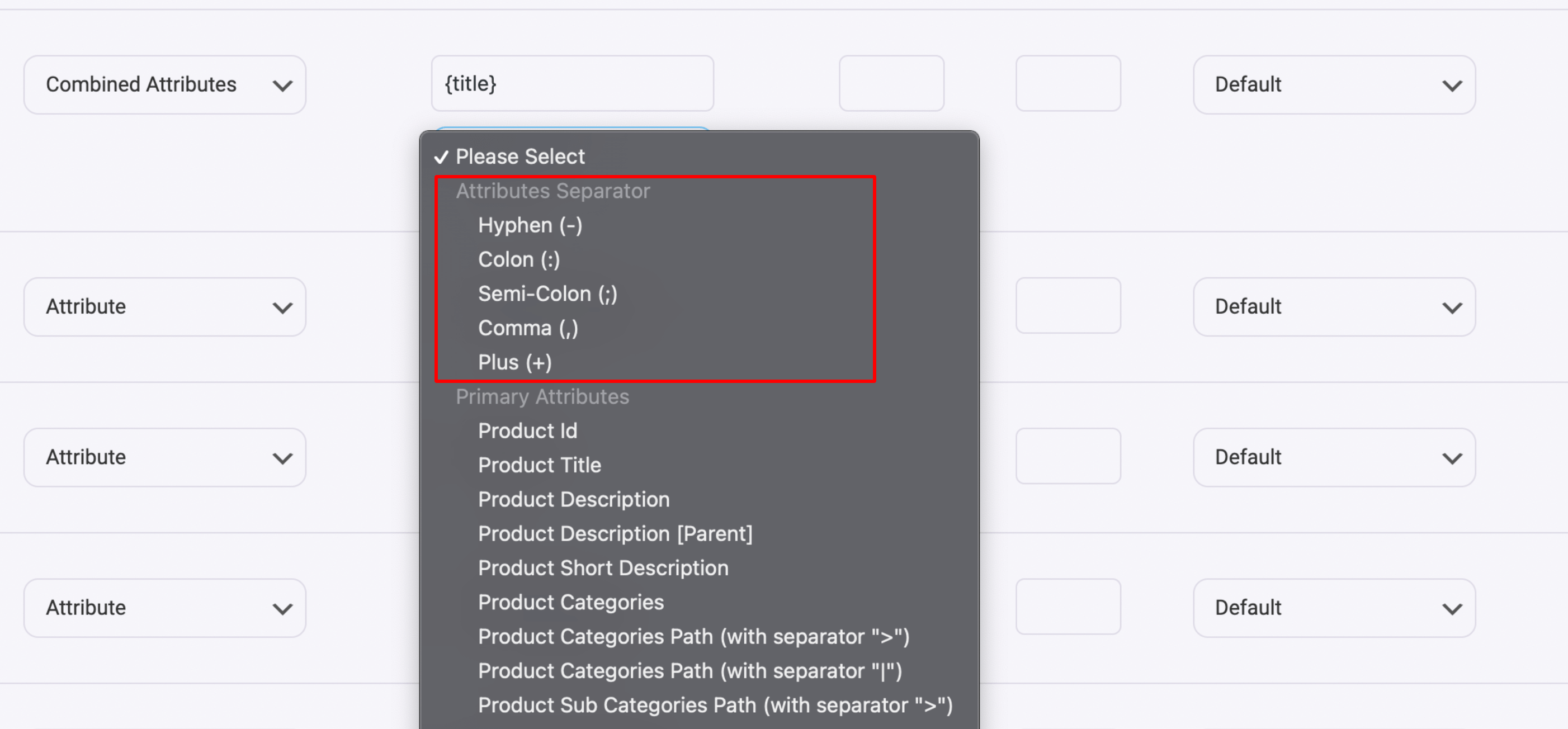 Product Feed Manager 組合屬性分隔符值（產品標題）