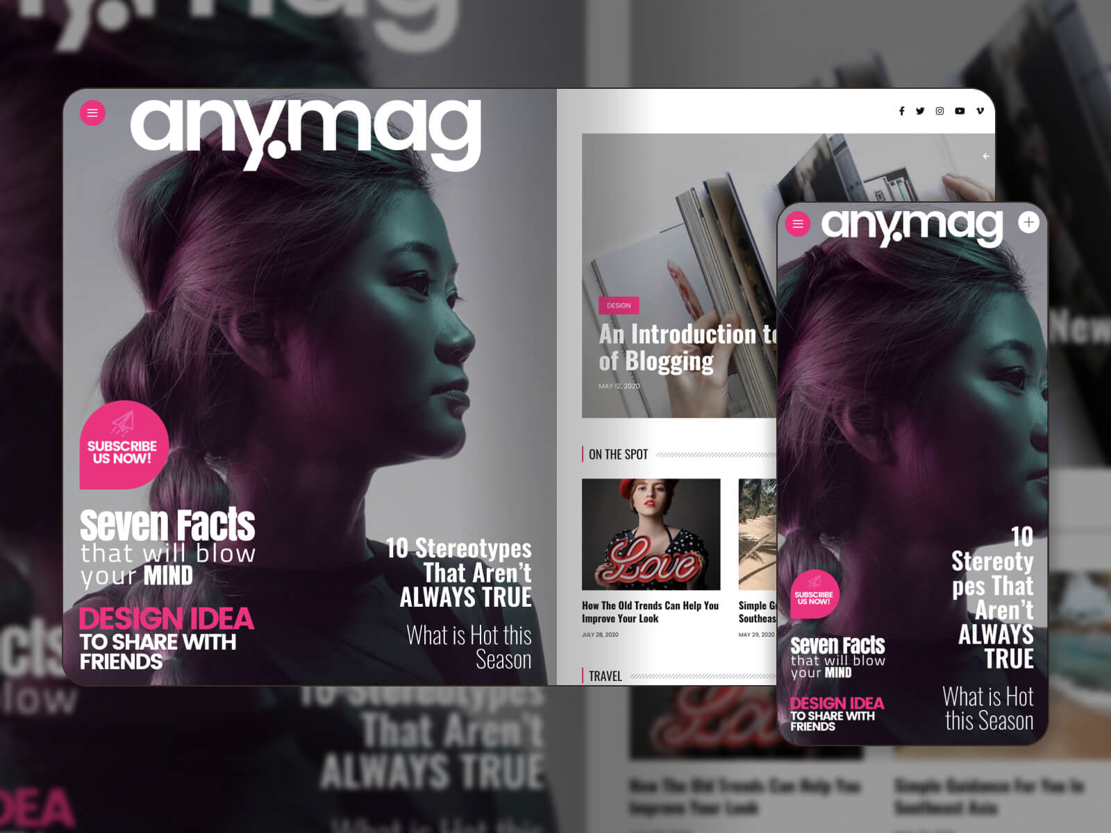 Collage der Demo des Anymag WP-Themes in einem mutigen und dynamischen Design.