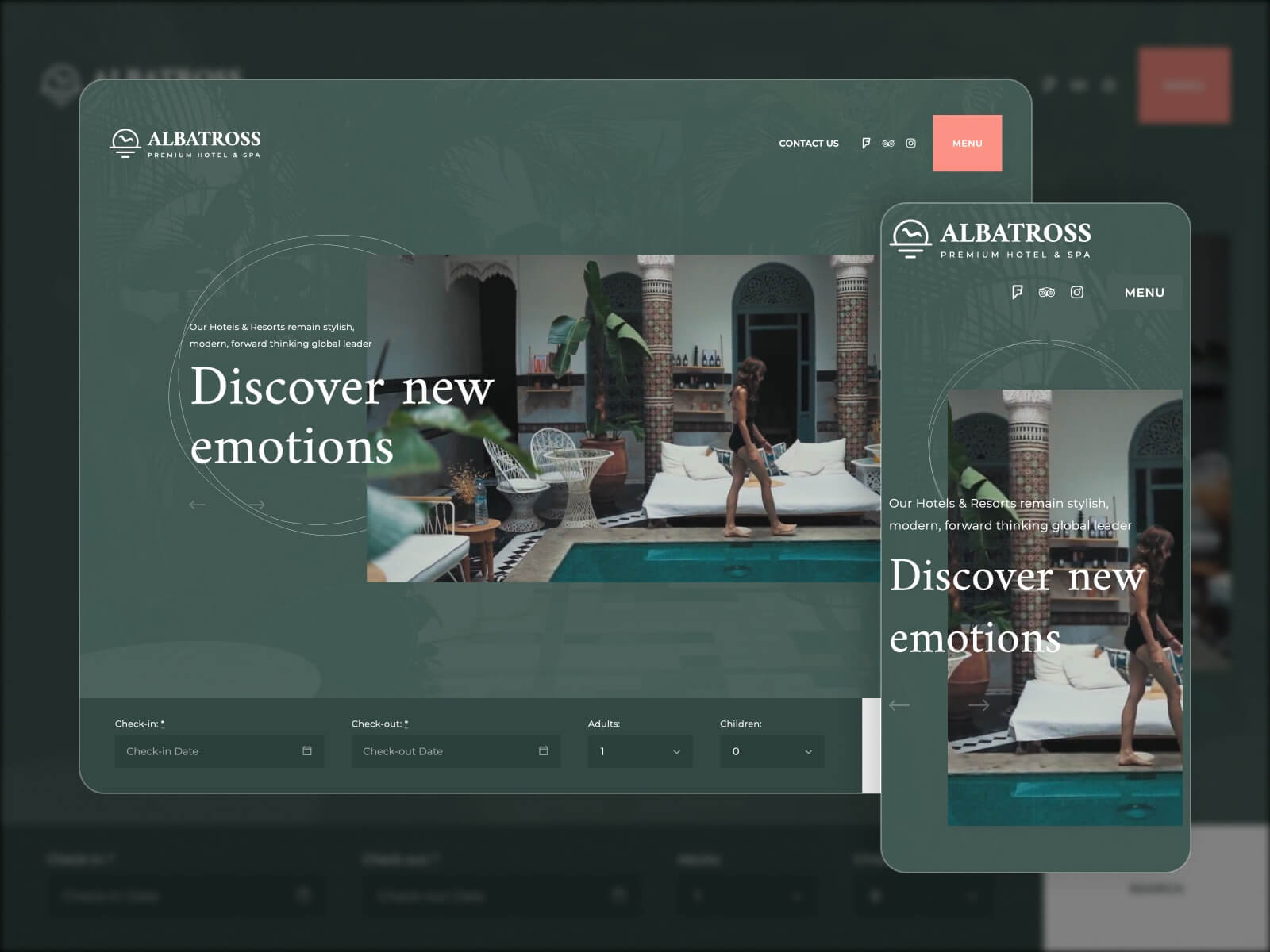 Collage der Albatross WordPress-Theme-Demoseite im Dunkelmodus.