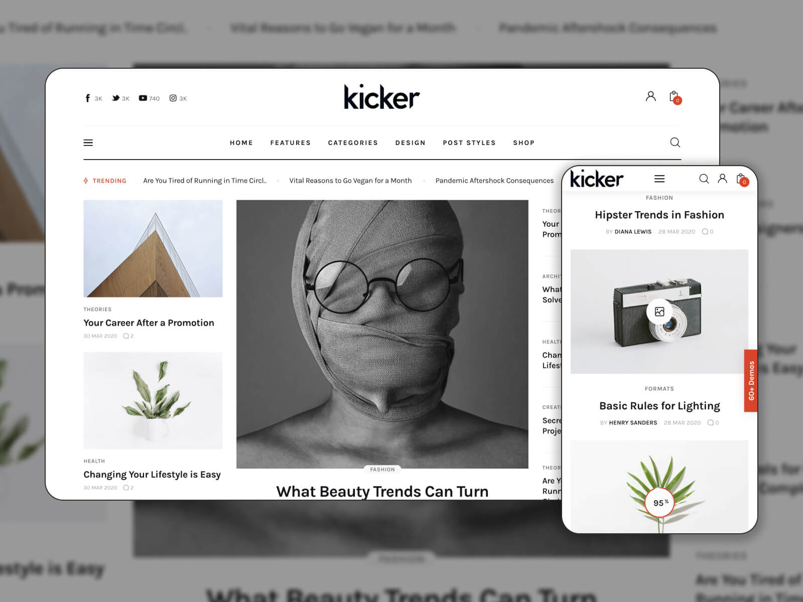 صورة مجمعة لصفحة العرض التوضيحي لموضوع Kicker WordPress في نظام ألوان فاتح.