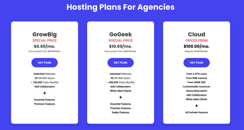 Planes de hosting de Siteground para agencias