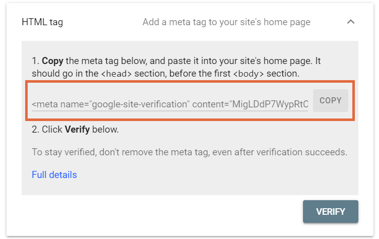 As opções de verificação de tags HTML do Google Search Console