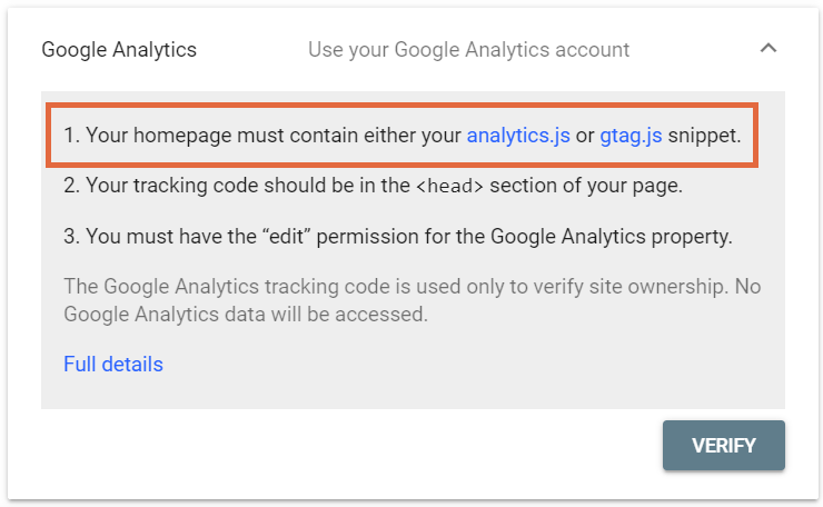 Les options de vérification Google Analytics et Tag Manager dans Google Search Console