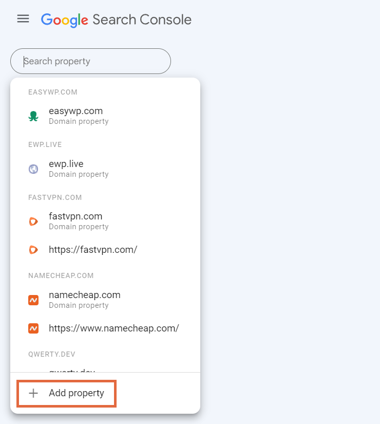 Google Search Console'da mülk eklemek için açılır menü gösterilir.