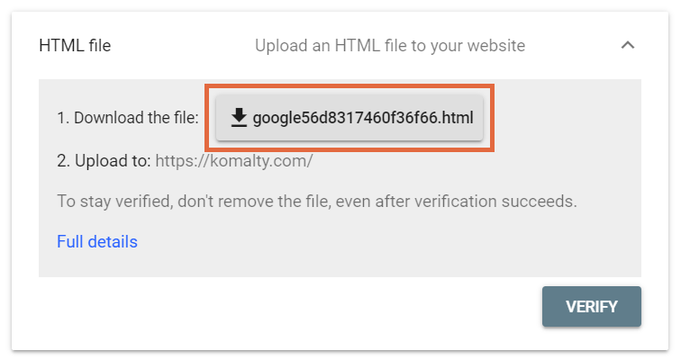 Fereastra pop-up de verificare a încărcării fișierului HTML din Google Search Console