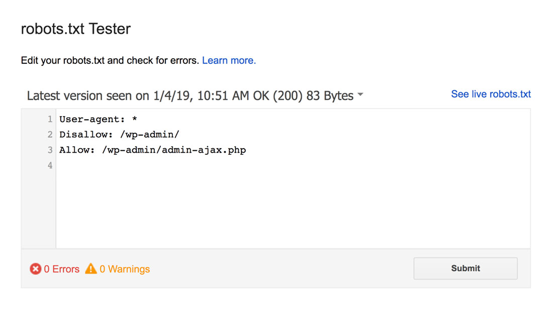 Resultado do testador do Google Robots.txt