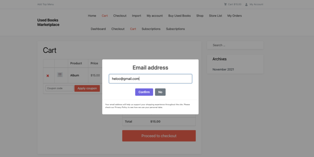 A screenshot of  email guest pop-up