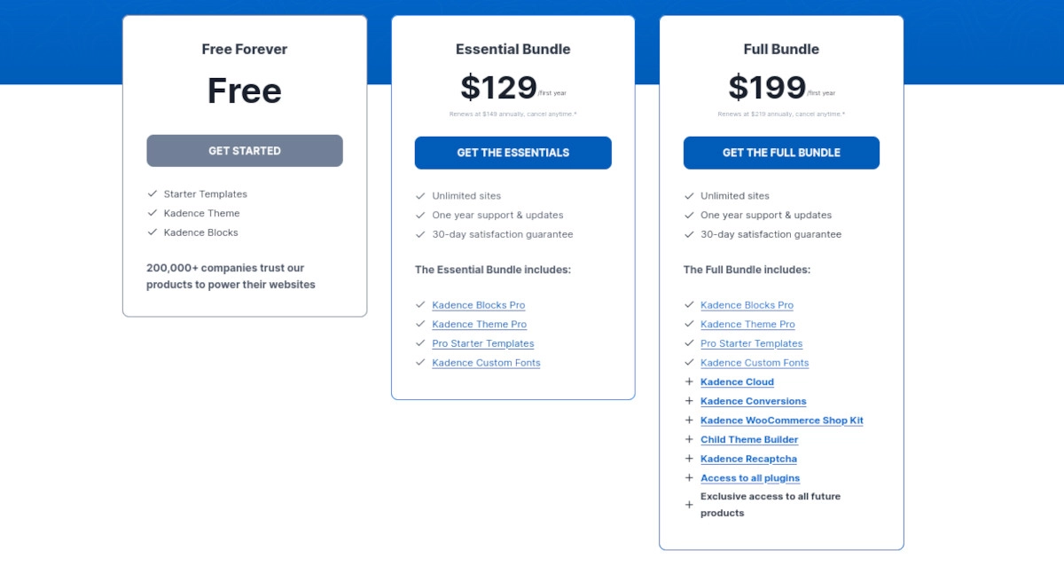 Kadence Blocks 3.0 fiyatlandırma tablosunun ekran görüntüsü