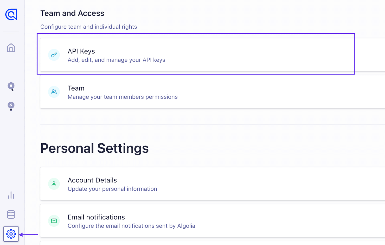 Menavigasi ke halaman Kunci API di Algolia Cloud