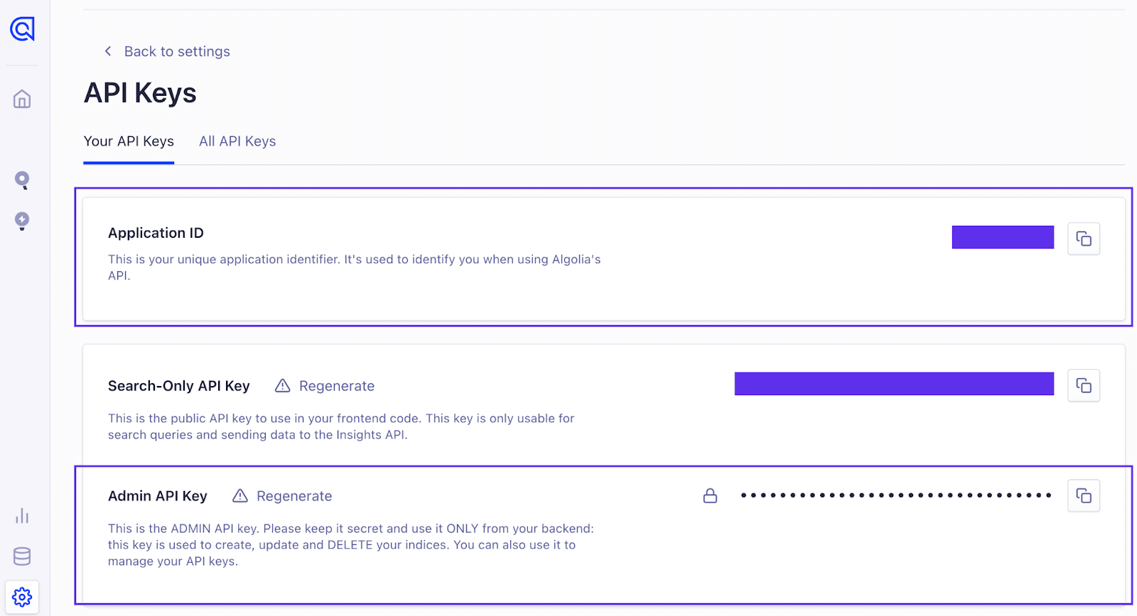 Anzeigen der Anwendungs-ID und der Admin-API-Schlüssel auf der Seite „Algolia API-Schlüssel“.