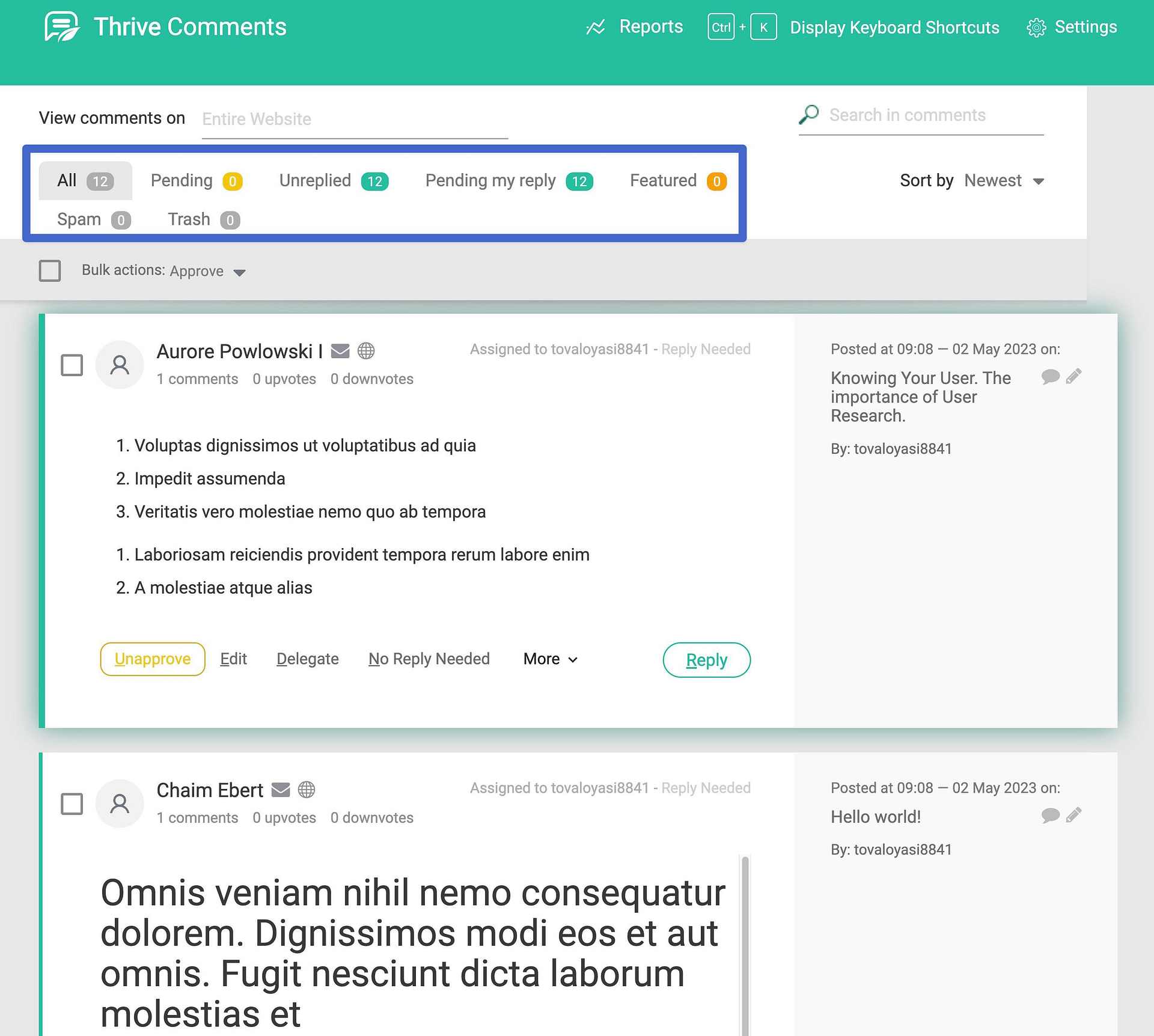 Interface de commentaires dynamiques.