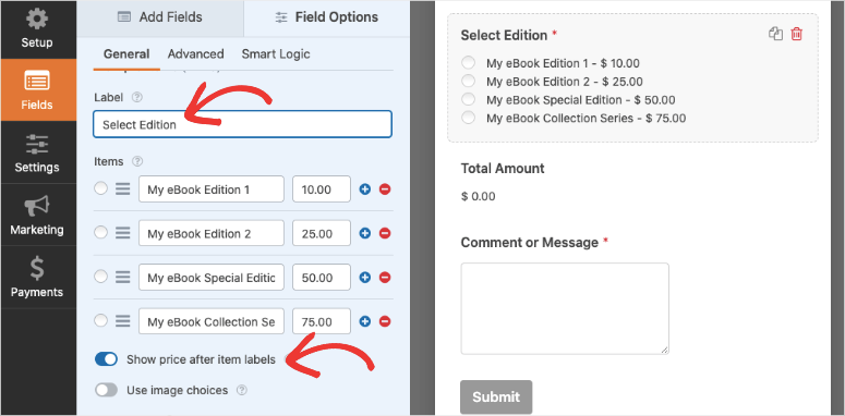 show price in items wpforms