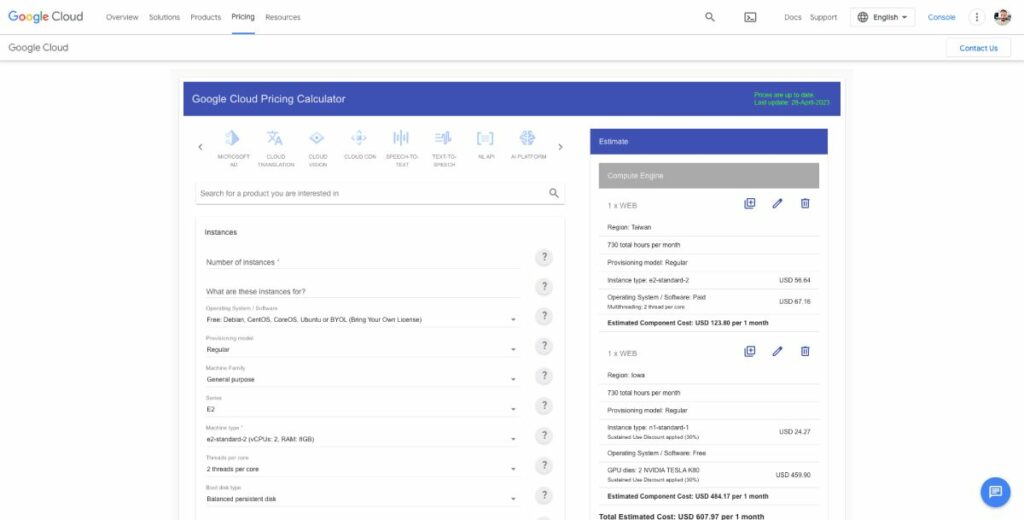 Calculateur de prix Google Cloud VPS