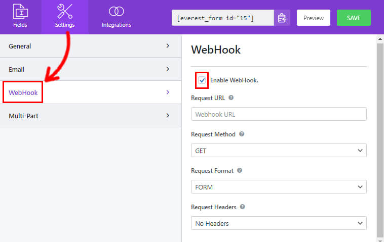 Impostazioni webhook