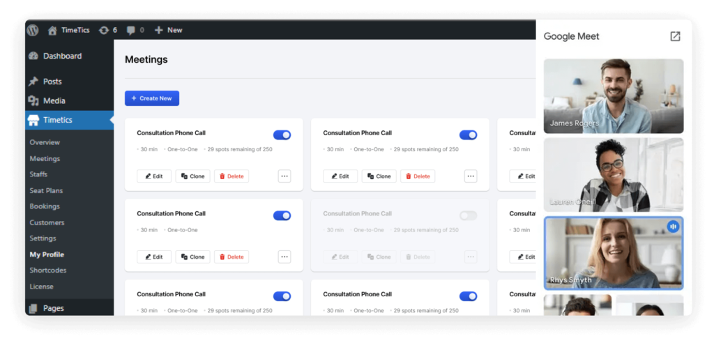 Uma captura de tela do Google Meet e integração do calendário com timetics