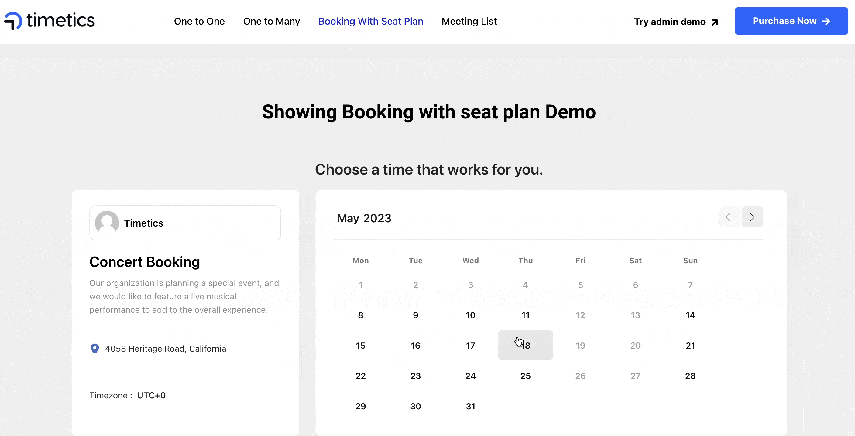 Ein GIF, das die Buchung mit Sitzplan in Timetics beschreibt