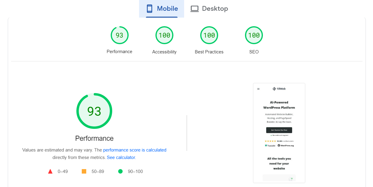 Puntuación de velocidad de página de Google