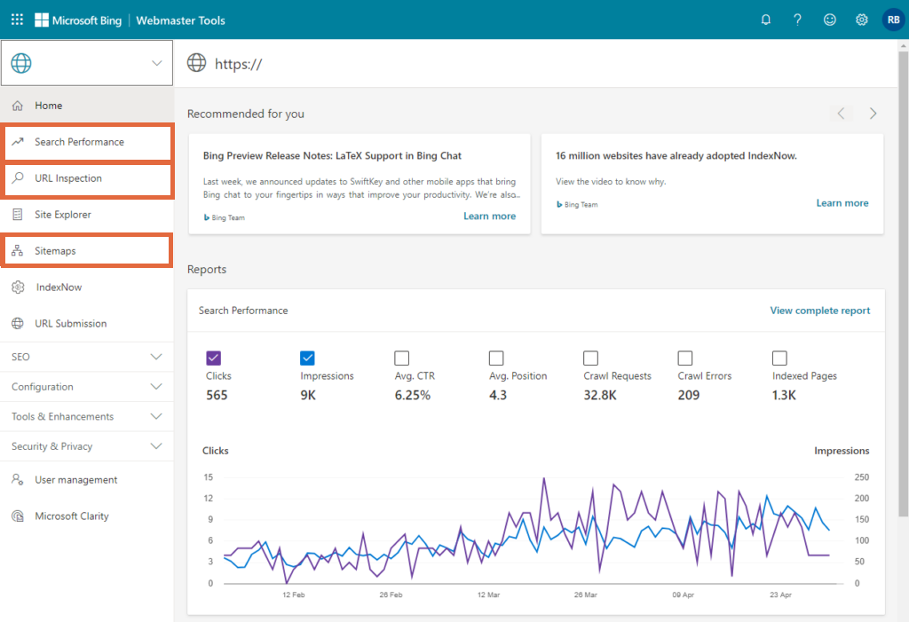 Una visione d'insieme del dashboard principale di Bing Webmaster Tools.