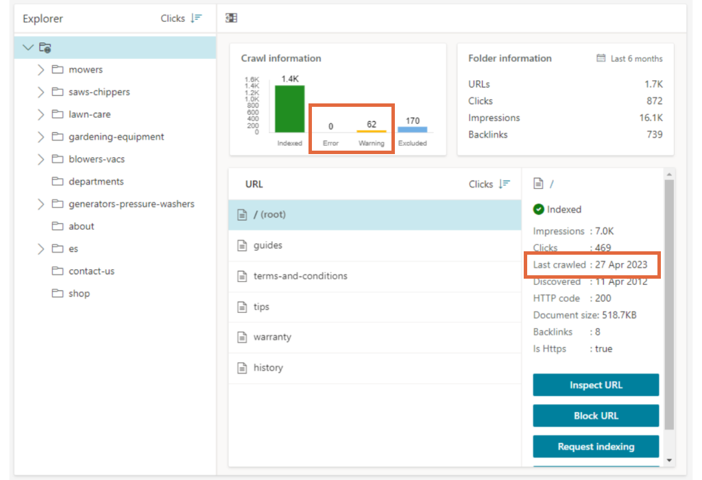 Erreurs d'exploration et autres données issues d'une analyse des performances de Bing Webmaster Tools.