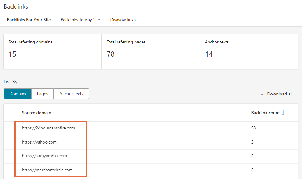 รายการโดเมนที่เชื่อมโยงใน Bing Webmaster Tools