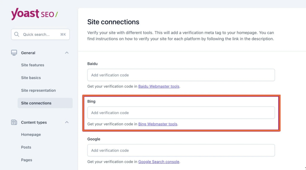 Yoast 中的必应网站站长工具验证选项。