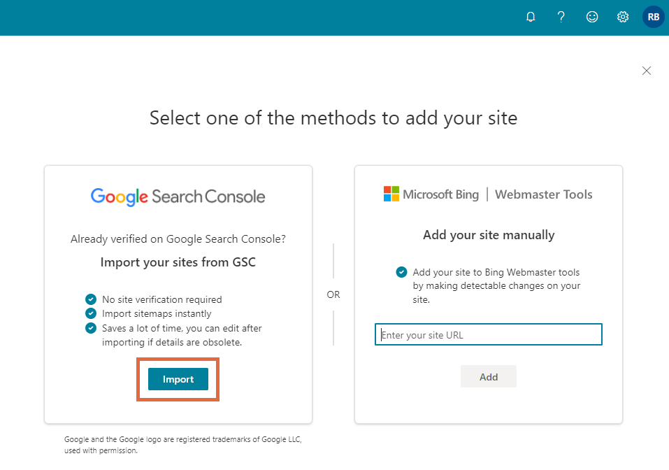 Bing ウェブマスター ツールのサイト検証オプション。