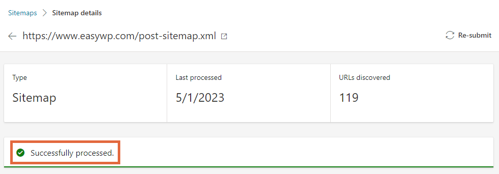 แผนผังเว็บไซต์ที่ประมวลผลสำเร็จใน Bing Webmaster Tools