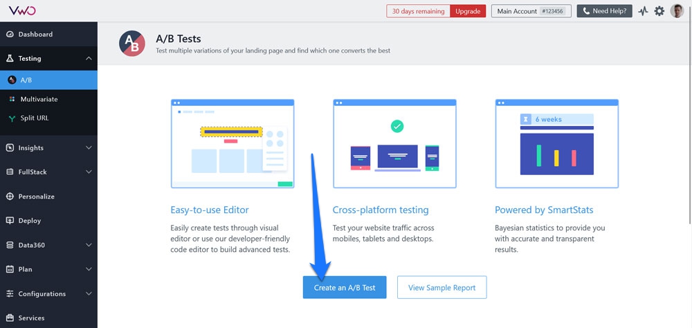 crear una prueba a/b en el optimizador web visual