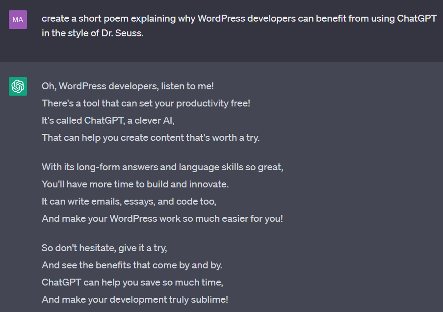 Поэма для разработчиков WordPress, созданная ChatGPT
