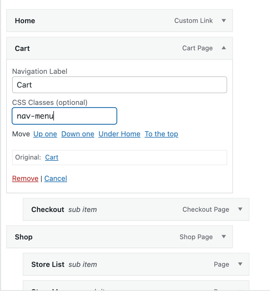 ภาพหน้าจอเกี่ยวกับวิธีเพิ่มคลาส CSS ในเมนู