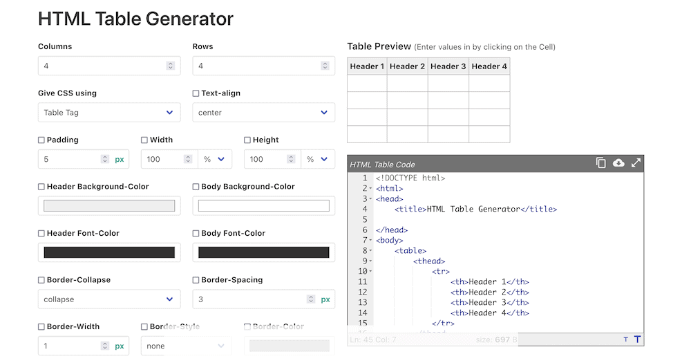 Bir tablonun HTML kodunu ve ön uç görüntüsünü CSS seçenekleriyle birlikte gösteren bir HTML tablosu oluşturucu.