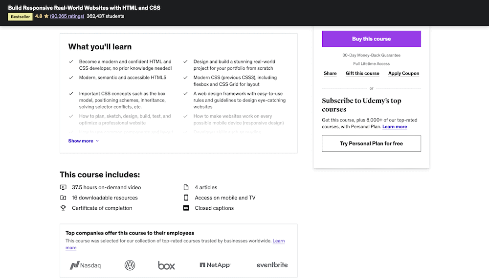 Halaman depan kursus Udemy untuk kursus HTML dan CSS.