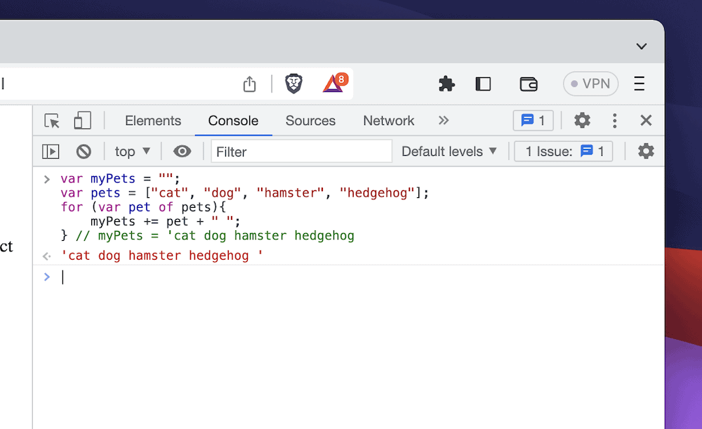 La consola de JavaScript que muestra un fragmento de JavaScript y el resultado de una lista de mascotas.