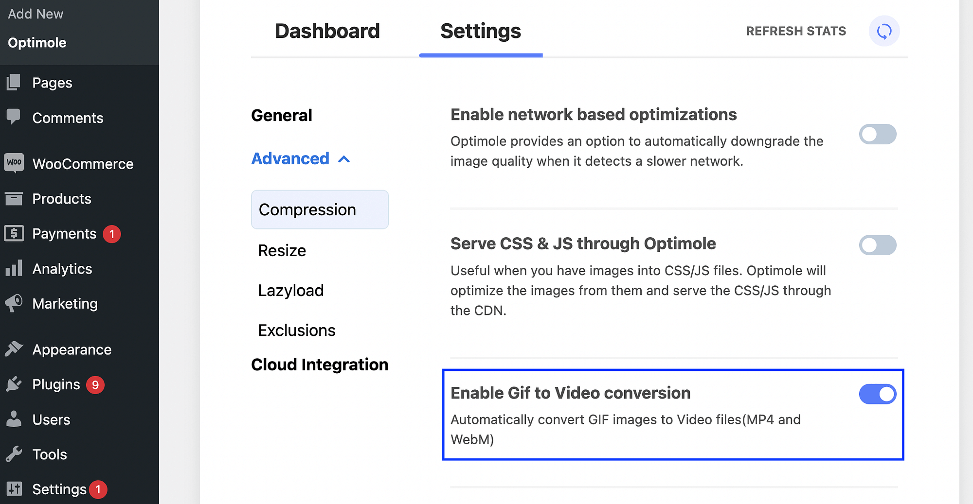 在 Optimole 中啟用 GIF 到視頻的轉換，以將視頻格式用於動畫內容。