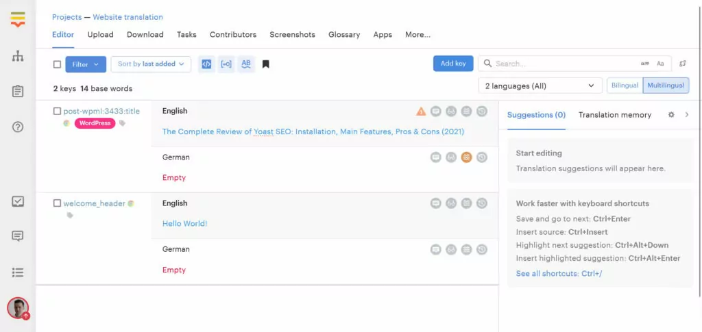 Zeichenfolgen im lokalisierten Übersetzungs-Dashboard