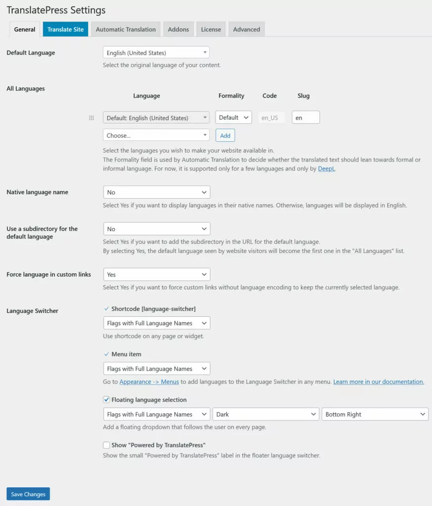 página de configuración de translatepress