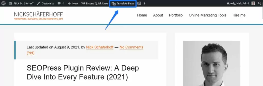 Schaltfläche „Website übersetzen“ in der WordPress-Taskleiste