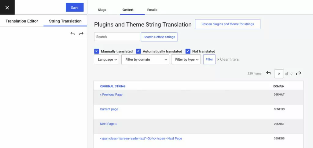 interface de traduction de chaînes translatepress